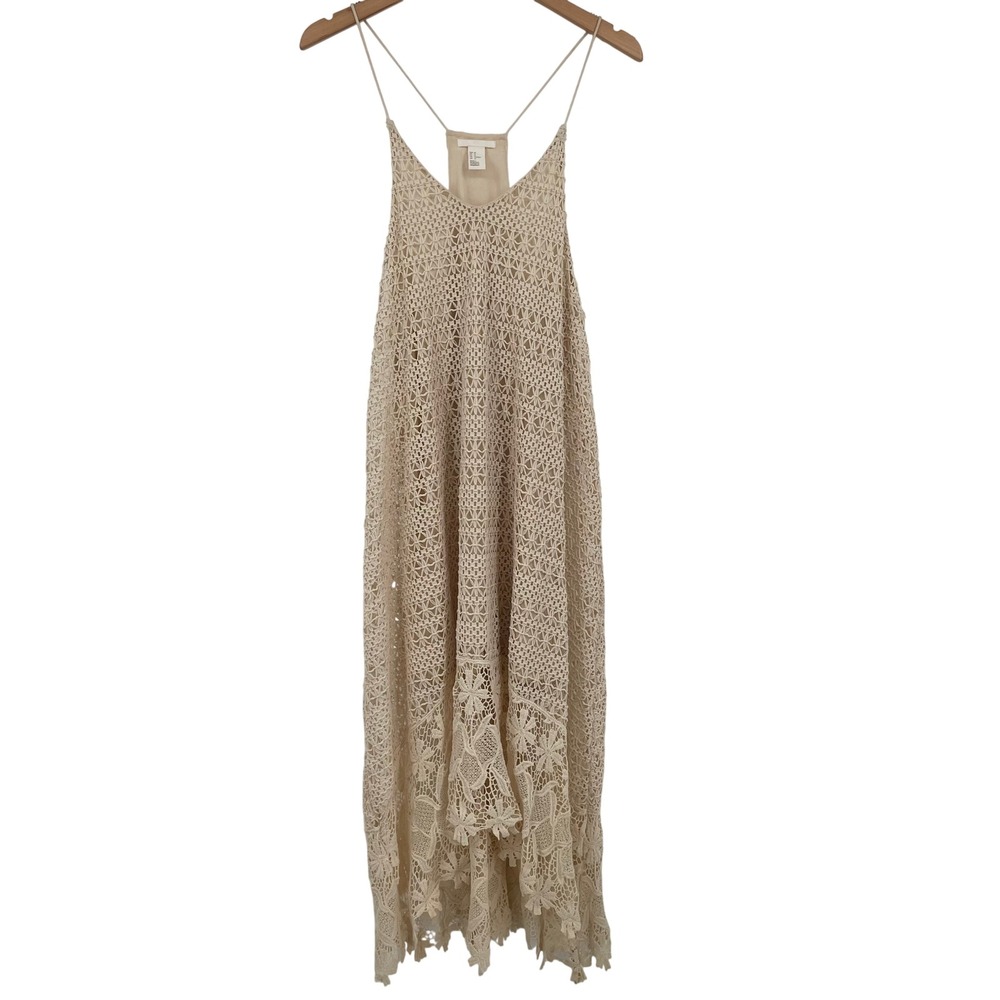 HM Women Beige Crochet Lace Sleeveless Maxi Dress Spaghetti Strap Size 12